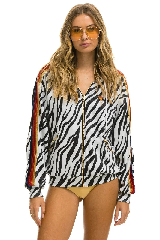 Women's tie - front hoodie in a lightweight fabric for summer layeringCLASSIC RELAXED ZIP HOODIE WITH POCKETS - ZEBRA Women's tie - front hoodie in a lightweight fabric for summer layeringCLASSIC RELAXED ZIP HOODIE WITH POCKETS - ZEBRA