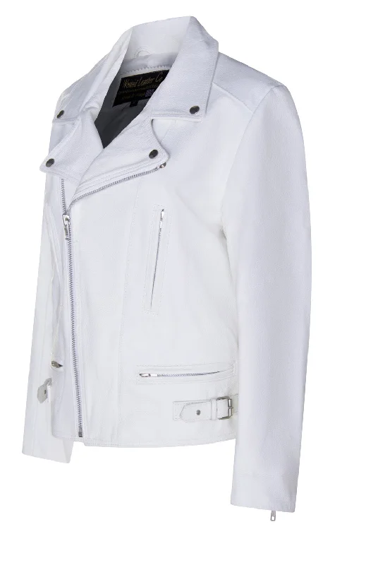 Women's quilted puffer jackets in a cropped silhouette for a modern twistCUSTOM MADE - Ashes to Ashes White Biker Jacket Women's quilted puffer jackets in a cropped silhouette for a modern twistCUSTOM MADE - Ashes to Ashes White Biker Jacket