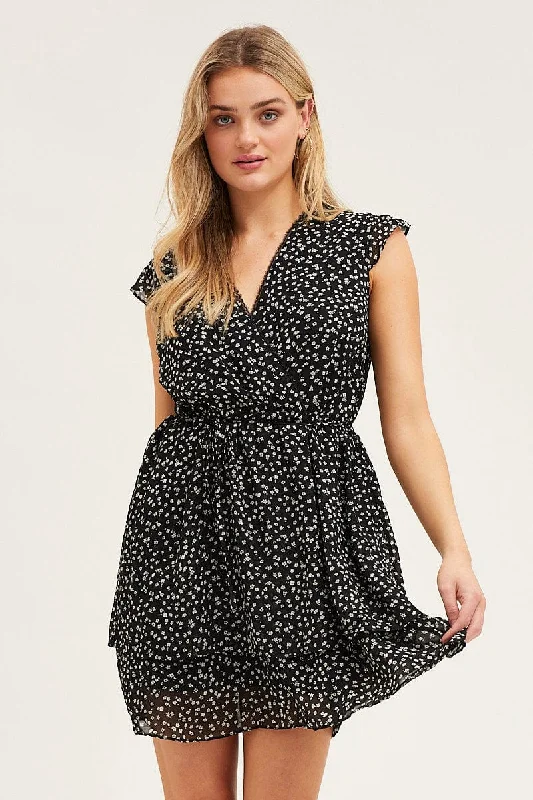 Backless Women Dress for a Sexy and Alluring Look at Evening EventsDitsy Print Flutter Wrap Look Tie Waist Layered Dress Backless Women Dress for a Sexy and Alluring Look at Evening EventsDitsy Print Flutter Wrap Look Tie Waist Layered Dress
