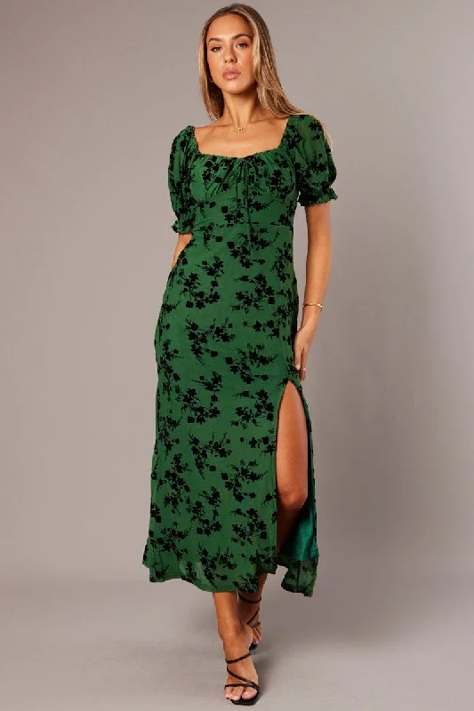 Empire Waist Women Dress to Accentuate the Bust and Conceal the WaistGreen Midi Dress Puff Sleeve Burn Out Empire Waist Women Dress to Accentuate the Bust and Conceal the WaistGreen Midi Dress Puff Sleeve Burn Out