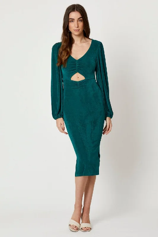Strapless Women Dress with a Built - in Bra for Comfort and SupportGreen Slinky Jersey Cut Out Dress