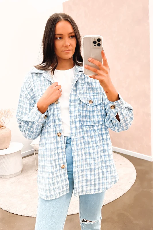 Women's denim jackets with distressed details for a casual and edgy lookJemma Shacket Blue Check Women's denim jackets with distressed details for a casual and edgy lookJemma Shacket Blue Check