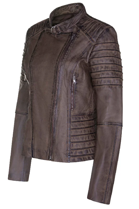Women's moto jackets with a lace - up front for a unique and stylish touchLadies Classic Biker Jacket Brown Worn Look Lambskin 9393 Women's moto jackets with a lace - up front for a unique and stylish touchLadies Classic Biker Jacket Brown Worn Look Lambskin 9393