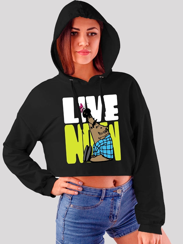Women's hoodie with a glittery print for a glamorous and sparkly appearanceLive Now Crop-Hoodie For Women Women's hoodie with a glittery print for a glamorous and sparkly appearanceLive Now Crop-Hoodie For Women