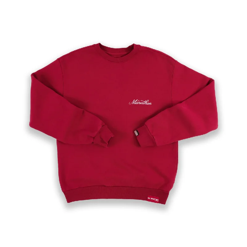 Women's sweatshirt with a mesh panel insert for breathability during workoutsMarathon 3D Embroidered Stacked Script Crewneck - Crimson/White Women's sweatshirt with a mesh panel insert for breathability during workoutsMarathon 3D Embroidered Stacked Script Crewneck - Crimson/White