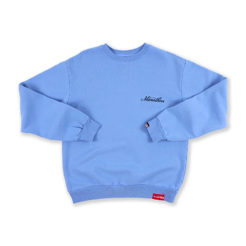 Women's zip - up sweatshirt in pastel blue for a soft and stylish outfitMarathon 3D Embroidered Stacked Script Crewneck - Powder Blue/Black Women's zip - up sweatshirt in pastel blue for a soft and stylish outfitMarathon 3D Embroidered Stacked Script Crewneck - Powder Blue/Black