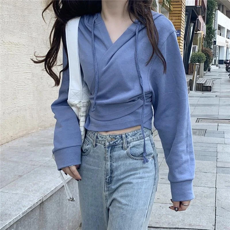Women's color - block hoodie combining bold hues for a fashion - forward statementNew Fashion Ins Design Cross Strap Hooded Short Sweater Women's color - block hoodie combining bold hues for a fashion - forward statementNew Fashion Ins Design Cross Strap Hooded Short Sweater