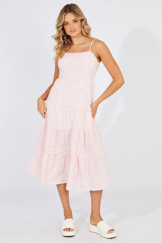 Pink Check Midi Dress Sleeveless Tie Back