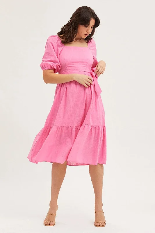 Ruffled Women Dress with Multiple Layers for a Playful and Girly StylePink Dress Puff Sleeve Maxi Ruffled Women Dress with Multiple Layers for a Playful and Girly StylePink Dress Puff Sleeve Maxi
