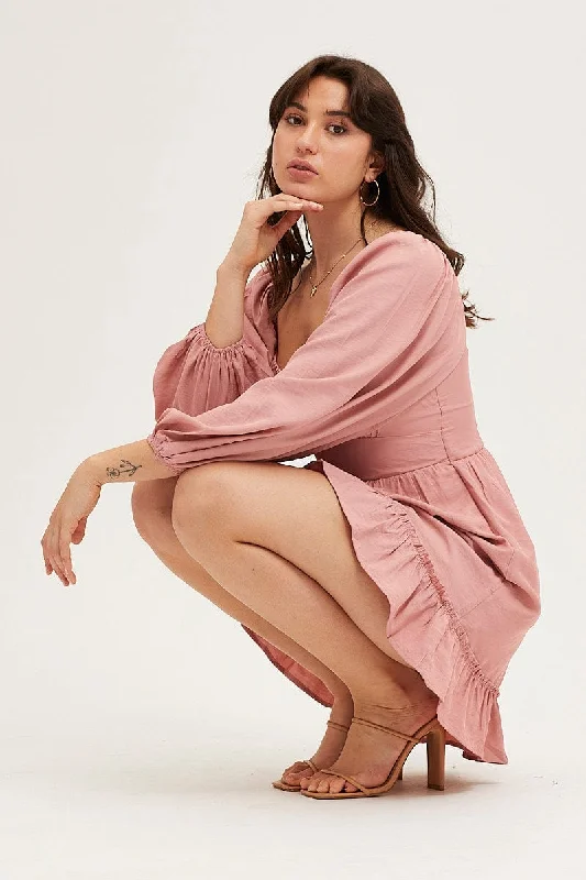 Pleated Women Dress with a Timeless and Elegant TexturePink Long Sleeve A-Line Mini Dress
