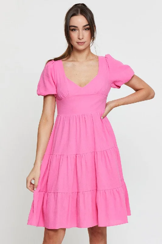 Pleated Women Dress with a Timeless and Elegant TexturePink Midi Dress Short Sleeve V Neck Pleated Women Dress with a Timeless and Elegant TexturePink Midi Dress Short Sleeve V Neck