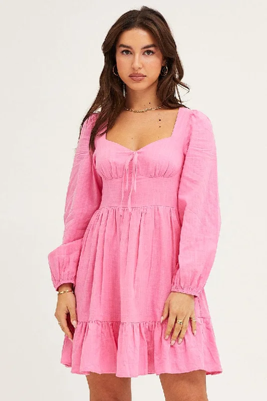 Mermaid - Style Women Dress with a Fitted Silhouette for Special OccasionsPink Skater Dress Puff Sleeve Mini Mermaid - Style Women Dress with a Fitted Silhouette for Special OccasionsPink Skater Dress Puff Sleeve Mini