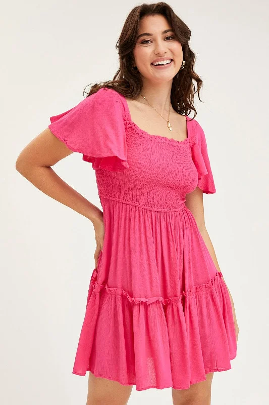 Off - the - Shoulder Women Dress for a Romantic and Feminine LookPink Skater Dress Short Sleeve Mini Off - the - Shoulder Women Dress for a Romantic and Feminine LookPink Skater Dress Short Sleeve Mini