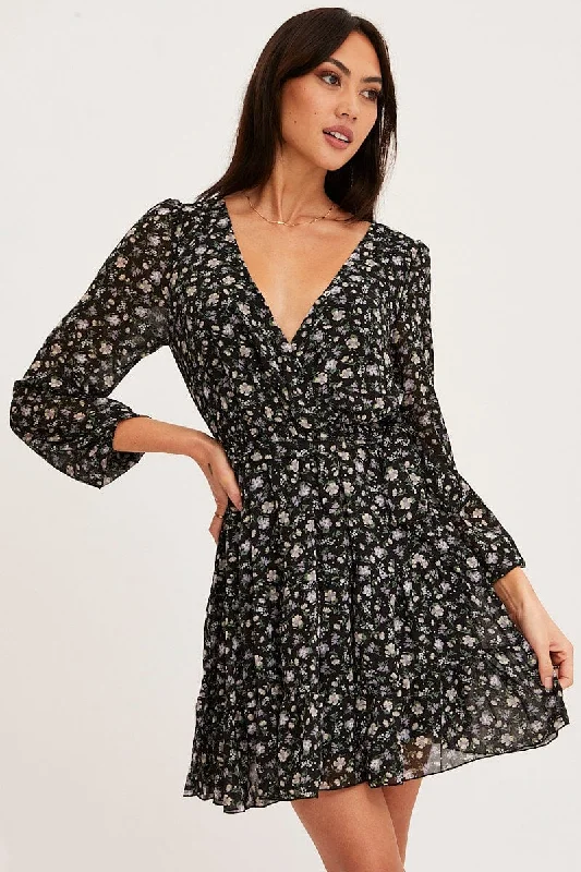 Ball Gown Women Dress with a Full Skirt for a Princess - like LookPrint Mini Dress Long Sleeve V Neck Ball Gown Women Dress with a Full Skirt for a Princess - like LookPrint Mini Dress Long Sleeve V Neck