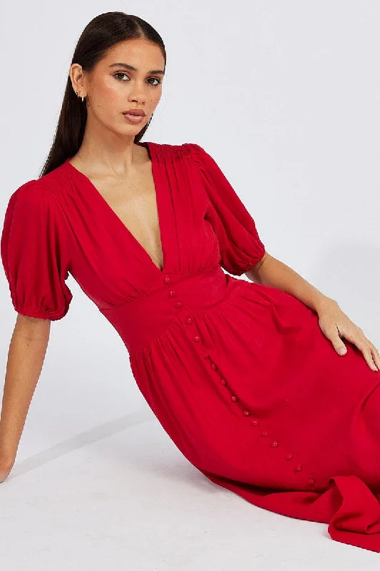 Halter Neck Women Dress to Show Off the Shoulders and NecklineRed Midi Dress Puff Sleeve Halter Neck Women Dress to Show Off the Shoulders and NecklineRed Midi Dress Puff Sleeve