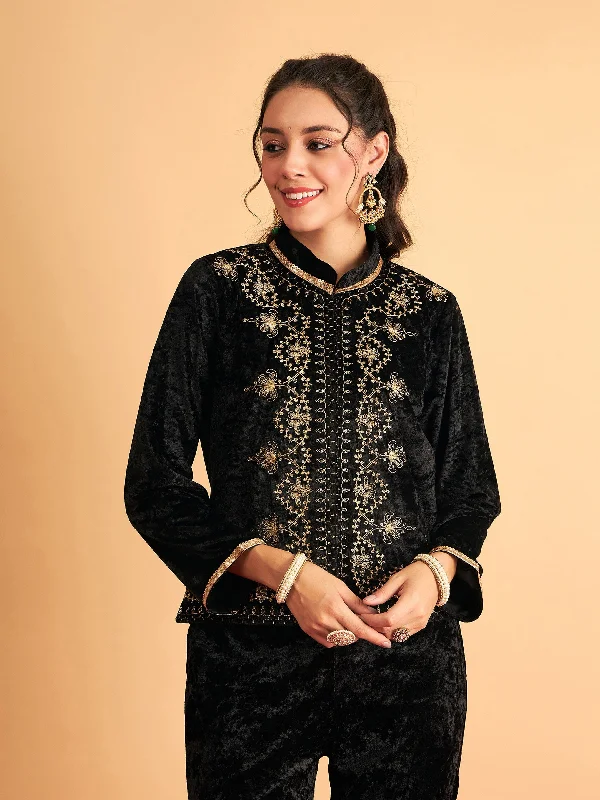 Women's moto jackets with a lace - up front for a unique and stylish touchWomen Black Velvet Front Embroidered Jacket Women's moto jackets with a lace - up front for a unique and stylish touchWomen Black Velvet Front Embroidered Jacket