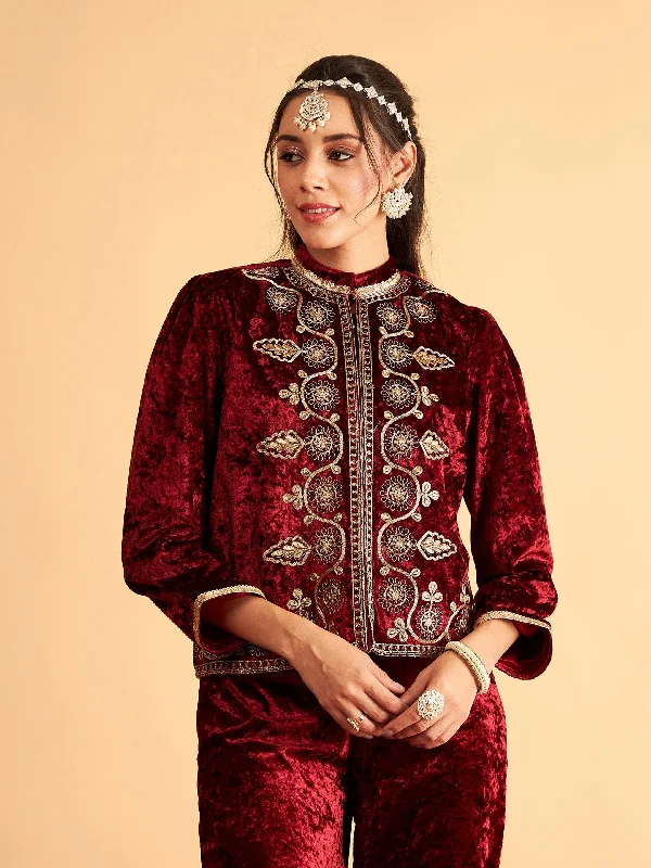 Women's cropped leather jackets with a fringe detail for a western - inspired outfitWomen Maroon Velvet Front Embroidered Jacket Women's cropped leather jackets with a fringe detail for a western - inspired outfitWomen Maroon Velvet Front Embroidered Jacket