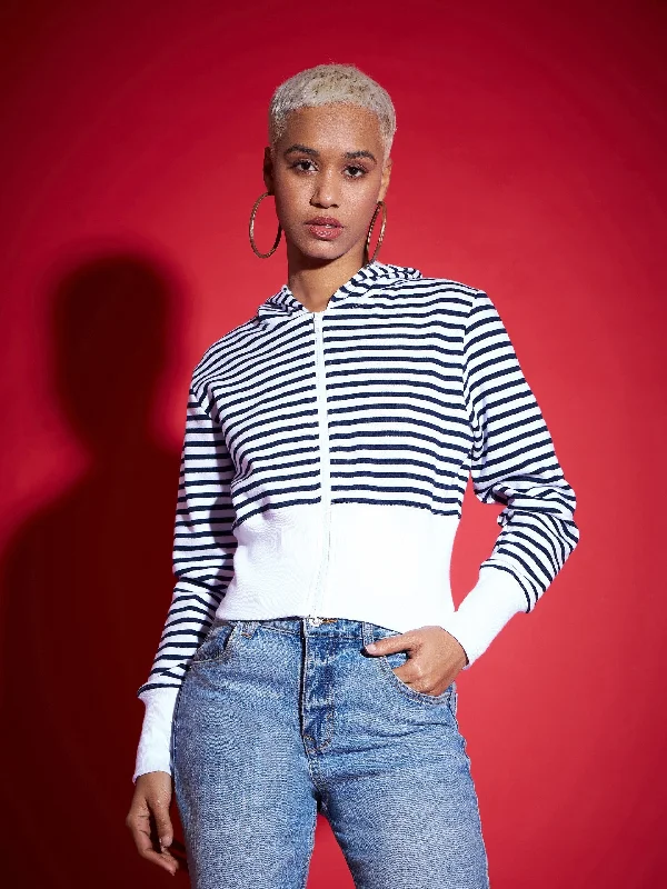 Women's denim jackets with a patchwork design for a bohemian and artsy styleWomen Navy & White Striped Fleece Hooded Jacket Women's denim jackets with a patchwork design for a bohemian and artsy styleWomen Navy & White Striped Fleece Hooded Jacket