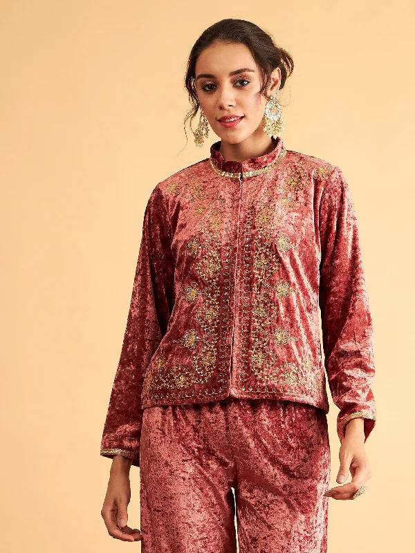 Women's cropped satin jackets in pastel shades for a glamorous evening outWomen Pink Velvet Front Embroidered Jacket Women's cropped satin jackets in pastel shades for a glamorous evening outWomen Pink Velvet Front Embroidered Jacket