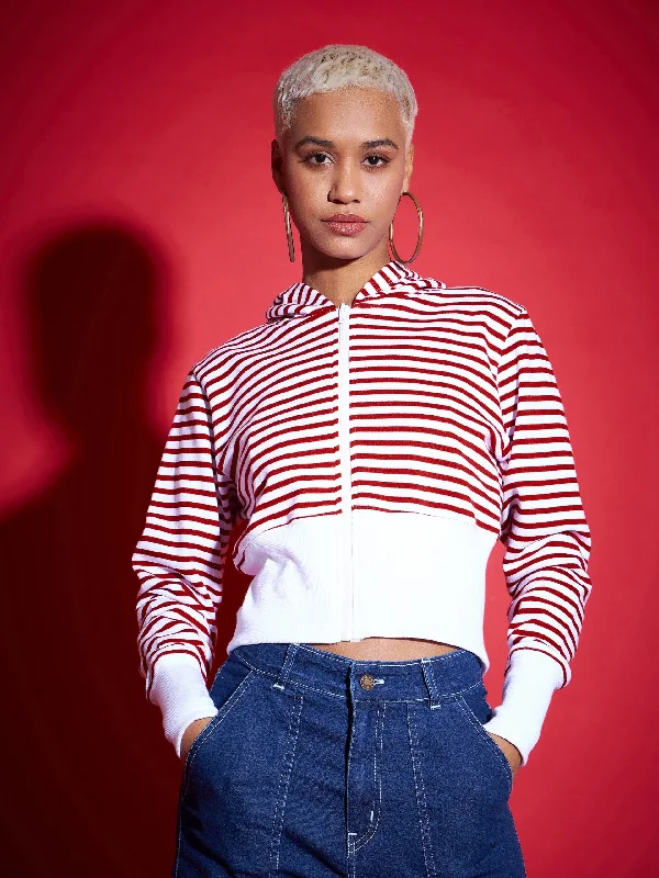 Women's shearling - lined suede jackets for ultimate warmth and luxuryWomen Red & White Striped Fleece Hooded Jacket Women's shearling - lined suede jackets for ultimate warmth and luxuryWomen Red & White Striped Fleece Hooded Jacket