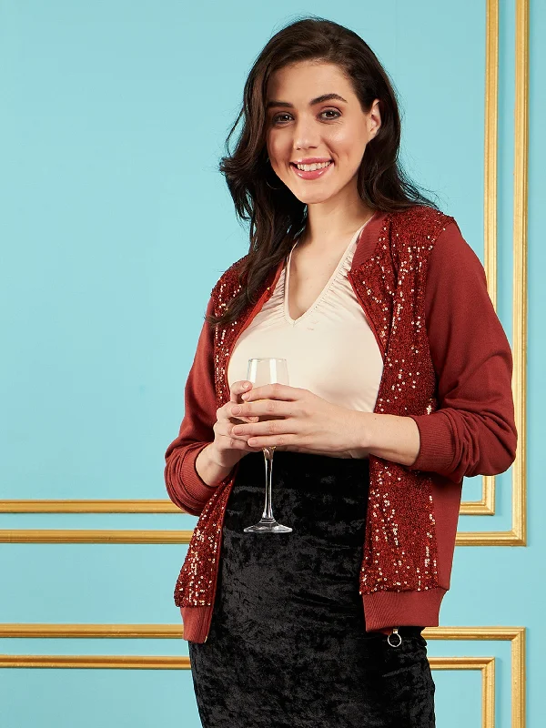 Women's faux fur - trimmed denim jackets for a trendy and cozy styleWomen Rust Sequin Jacket Women's faux fur - trimmed denim jackets for a trendy and cozy styleWomen Rust Sequin Jacket