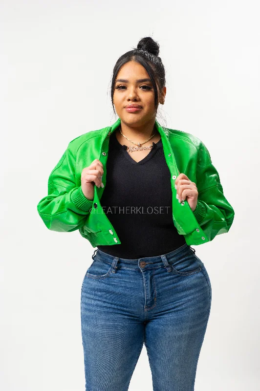 Women's windbreaker jackets with adjustable hoods for windy daysWomen's Crop Leather Varsity Jacket [Green]