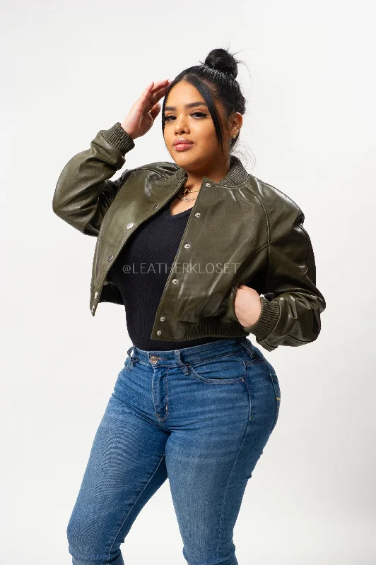 Women's cropped down jackets in bold colors for a sporty and fashionable winter outfitWomen's Crop Leather Varsity Jacket [Olive]