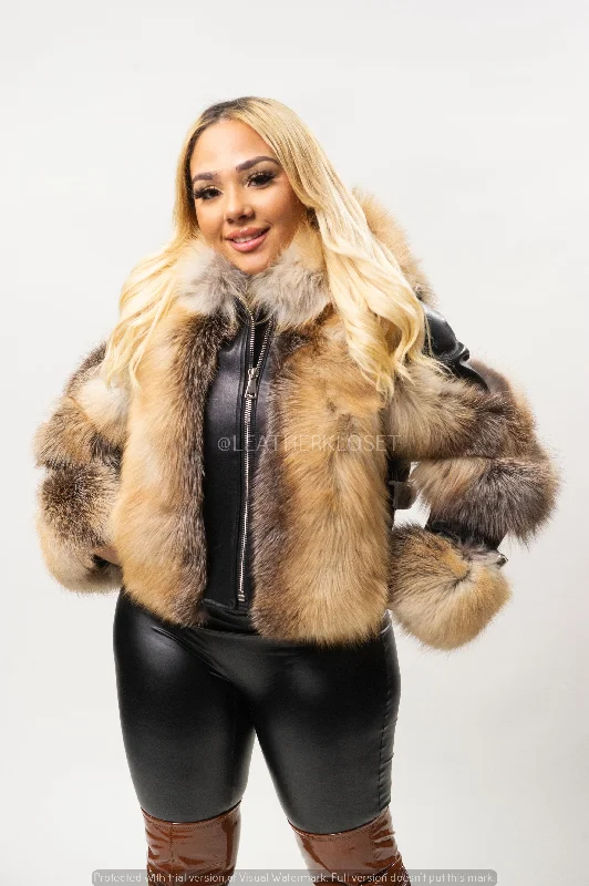 Women's double - breasted tweed jackets in classic colors for a sophisticated office lookWomen's Leather And Fox Combo [Black/Gold]