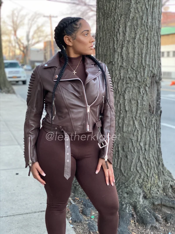 Women's bomber jackets with a holographic finish for a futuristic and eye - catching lookWomen's Trey Biker Leather [Brown]