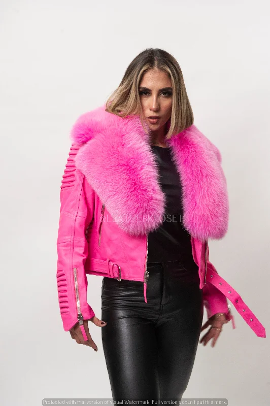 Women's bomber jackets with floral embroidery for a feminine and unique designWomen's Trey Biker Pink Oversized Fox Collar [Pink]