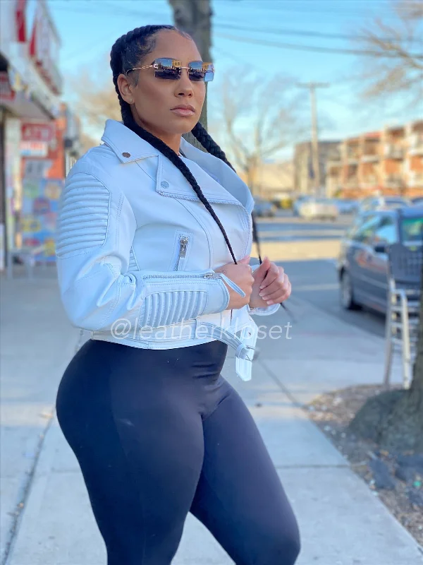 Women's double - breasted tweed jackets in classic colors for a sophisticated office lookWomen's Trey Leather Biker Jacket [White]