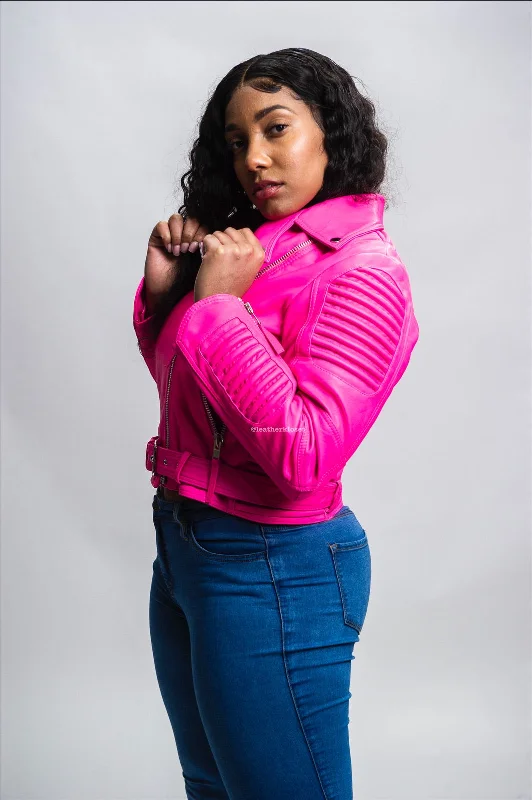 Women's pea coats in a plus - size fit for a flattering and warm winter coatWomen's Trey Leather Biker [Pink]