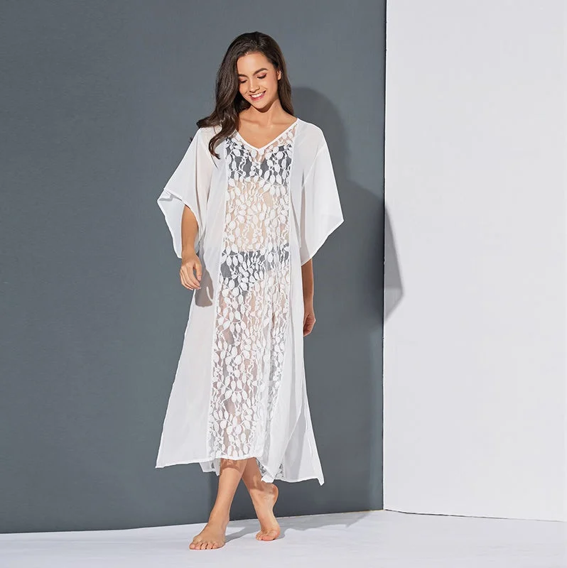 Maxi dresses with a button - down front for a classic lookKittenAlarm - Women Lace Sheer Hollow Short Sleeve Side slit Long Maxi Sun Dress Maxi dresses with a button - down front for a classic lookKittenAlarm - Women Lace Sheer Hollow Short Sleeve Side slit Long Maxi Sun Dress