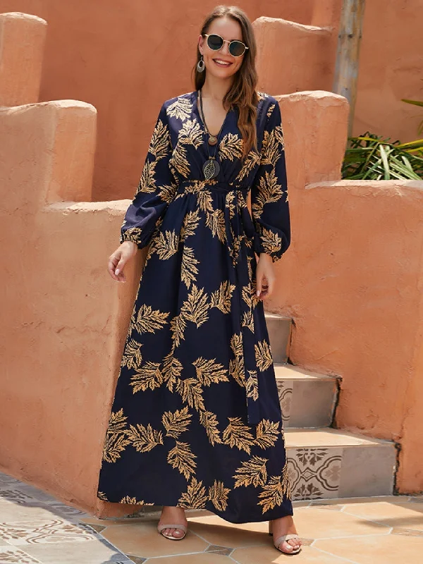 Linen maxi dresses for a breathable and lightweight summer optionKittenAlarm - Leaf Print Elastic Waist Maxi Dress Linen maxi dresses for a breathable and lightweight summer optionKittenAlarm - Leaf Print Elastic Waist Maxi Dress