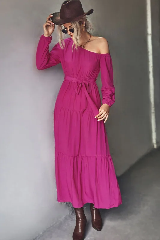 Maxi dresses with pocket details for added functionalityBelted One-Shoulder Tiered Maxi Dress Maxi dresses with pocket details for added functionalityBelted One-Shoulder Tiered Maxi Dress