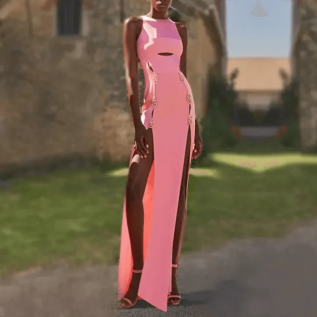 Maxi dresses with a gathered skirt for a voluminous and dramatic effectKittenAlarm - Jane Sleeveless Round Neck Double Side Slit Ring Embellished Maxi Dress Maxi dresses with a gathered skirt for a voluminous and dramatic effectKittenAlarm - Jane Sleeveless Round Neck Double Side Slit Ring Embellished Maxi Dress