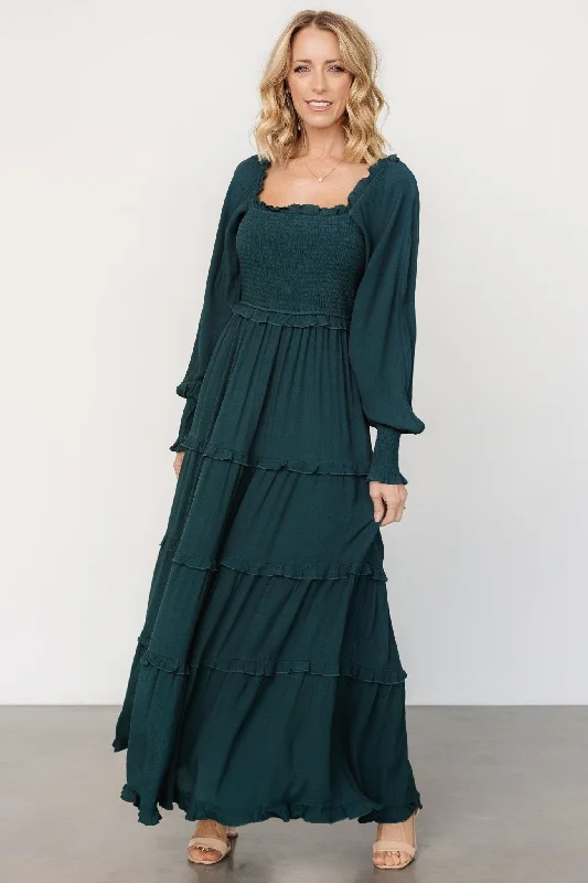 Polyester maxi dresses for easy - care and durabilityLana Smocked Maxi Dress | Dark Green Polyester maxi dresses for easy - care and durabilityLana Smocked Maxi Dress | Dark Green