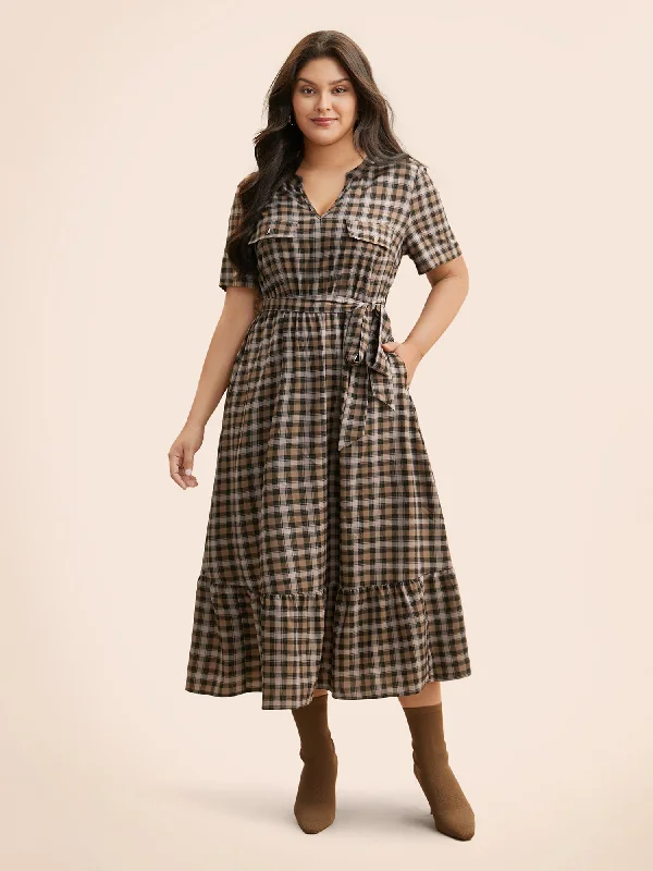 Maxi dresses with thin spaghetti straps for a delicate and feminine feelPlaid Ruffle Hem Flap Detail Belted Dress Maxi dresses with thin spaghetti straps for a delicate and feminine feelPlaid Ruffle Hem Flap Detail Belted Dress