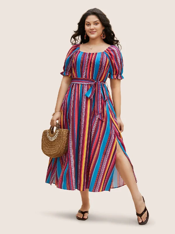 Denim maxi dresses with frayed hems for a casual lookStriped Belted Slit Hem Lantern Sleeve Dress Denim maxi dresses with frayed hems for a casual lookStriped Belted Slit Hem Lantern Sleeve Dress