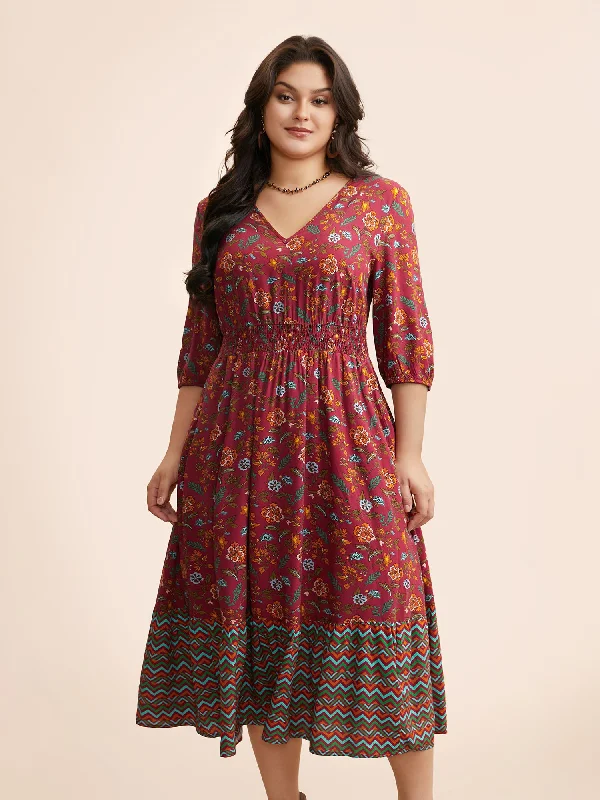 Plaid maxi dresses for fall fashion eventsV Neck Bandana Print Shirred Dress