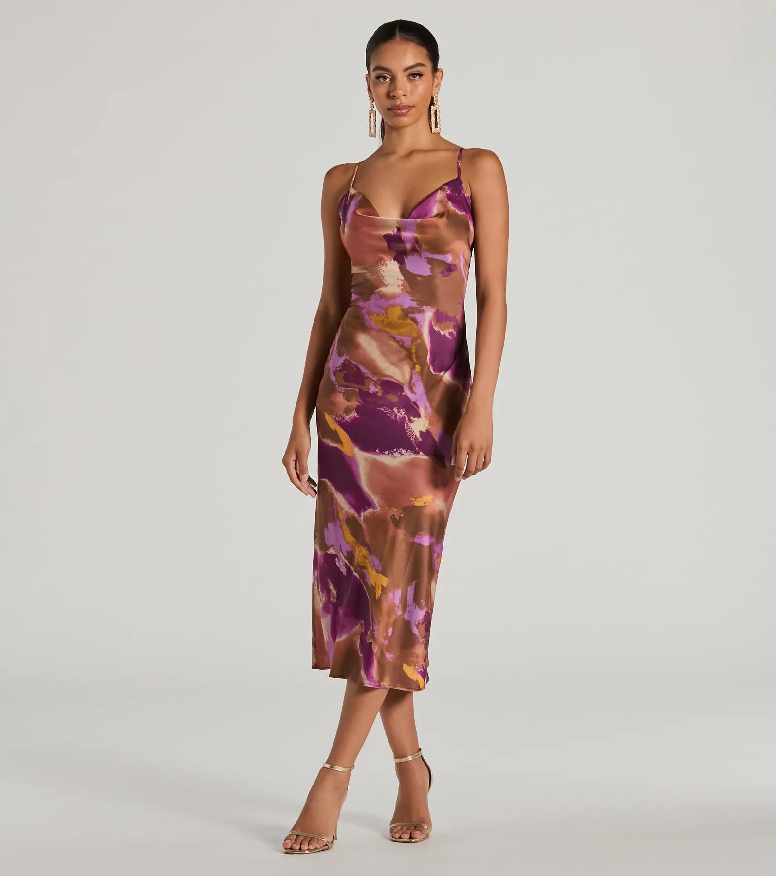 Midi dresses with ruched sleeves for a more fitted and stylish arm lookAlways Impress Cowl Neck Tie-Dye Satin Midi Dress