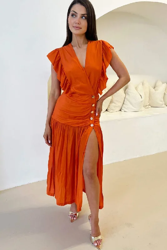Midi dresses with puff sleeves for a vintage - inspired lookCamille Orange Frill Shoulder Dress Midi dresses with puff sleeves for a vintage - inspired lookCamille Orange Frill Shoulder Dress