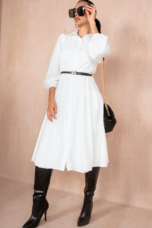 Midi dresses with keyhole backs for a flirty and unexpected detailCarole White Belted Shirt Dress Midi dresses with keyhole backs for a flirty and unexpected detailCarole White Belted Shirt Dress