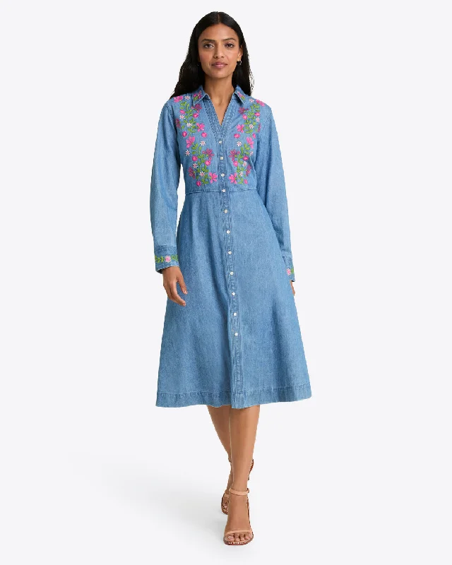 Midi dresses with V - necklines for a flattering and elongating effectCecilia Embroidered Shirtdress in Denim Midi dresses with V - necklines for a flattering and elongating effectCecilia Embroidered Shirtdress in Denim