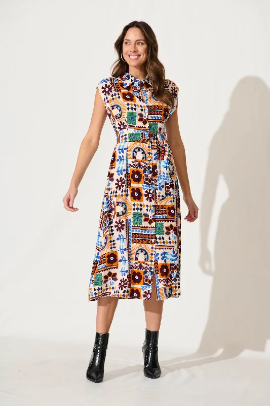 Midi dresses with one - shoulder designs for a modern and asymmetric styleCecilla Midi Shirt Dress In Multi Print Linen Blend Midi dresses with one - shoulder designs for a modern and asymmetric styleCecilla Midi Shirt Dress In Multi Print Linen Blend