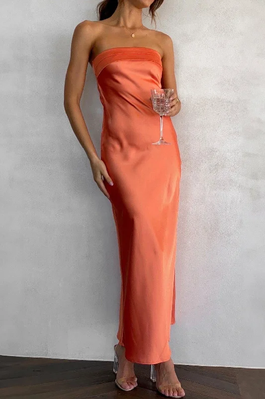 Midi dresses with asymmetric hems for a fashion - forward and dynamic appearanceDanetta Orange Satin Bandeau Dress