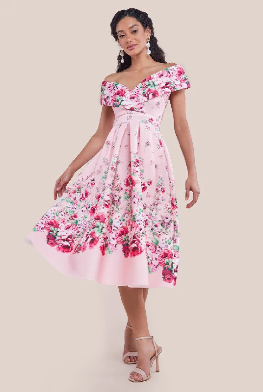 Midi dresses with fringe details for a fun and energetic styleGoddiva Bardot Floral Print A-Line Scuba Foam Midi Dress - Blush Midi dresses with fringe details for a fun and energetic styleGoddiva Bardot Floral Print A-Line Scuba Foam Midi Dress - Blush