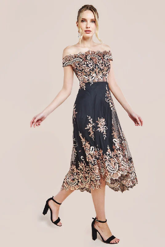Midi dresses with wrap - around skirts for a customizable fitGoddiva Bardot Sequin & Lace High Low Midi - Champagne Midi dresses with wrap - around skirts for a customizable fitGoddiva Bardot Sequin & Lace High Low Midi - Champagne