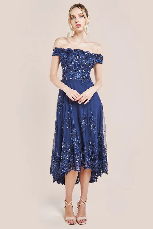 Midi dresses with ruched bodices for a feminine and fitted feelGoddiva Bardot Sequin & Lace High Low Midi - Navy Midi dresses with ruched bodices for a feminine and fitted feelGoddiva Bardot Sequin & Lace High Low Midi - Navy
