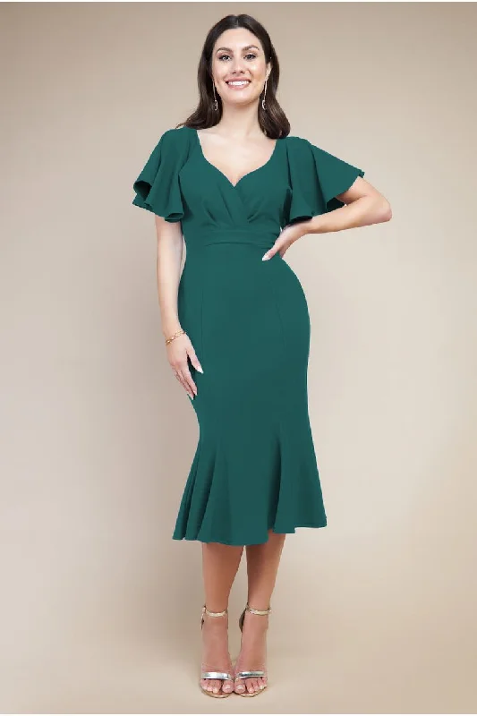 Midi dresses with pom - pom trims for a playful and festive lookGoddiva Flared Sleeve Front Wrap Midi Dress - Emerald Green Midi dresses with pom - pom trims for a playful and festive lookGoddiva Flared Sleeve Front Wrap Midi Dress - Emerald Green